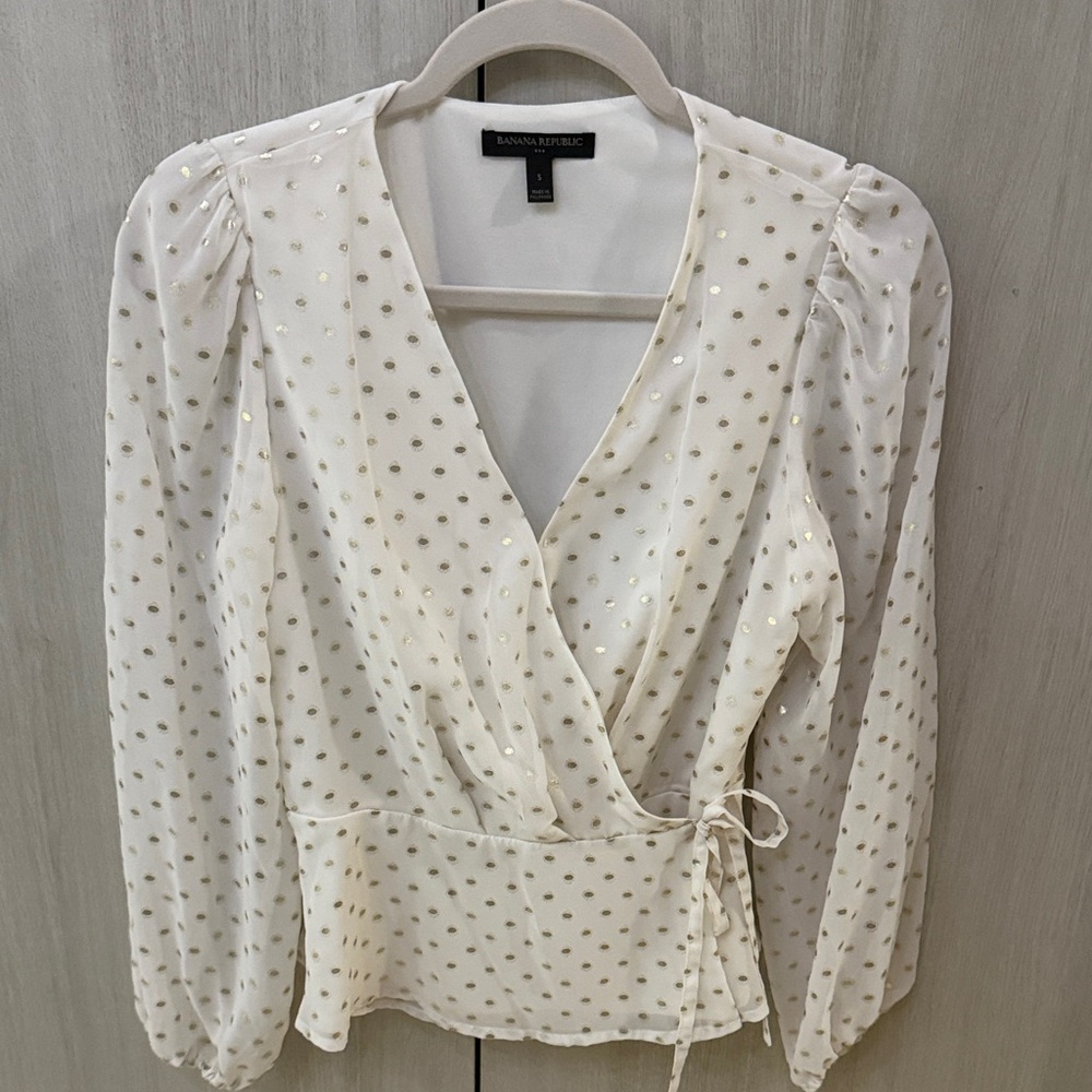 Banana Republic Cream Gold Dot Wrap Blouse